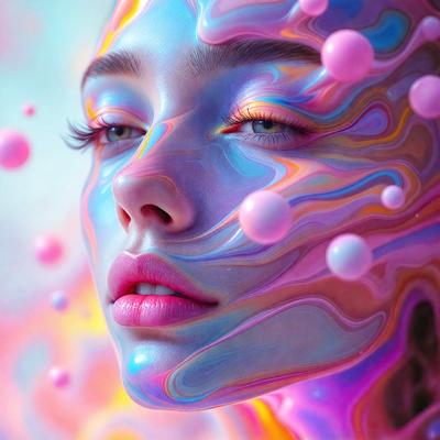The primary subject of the image is a woman with a colorful, swirling makeup design on her face. The setting is a colorful, abstract background that complements the woman's makeup. The visual style is a combination of photo and digital art, creating a unique and eye-catching image. The colors and mood are vibrant and lively, with the woman's makeup and the background creating a sense of creativity and artistic expression.